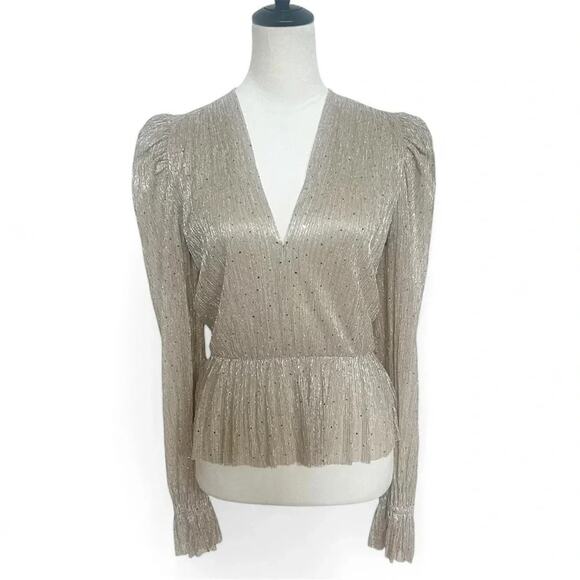 Sabina Musayev Liya Revolve Gold Sparkly Sheer V Neck Blouse Top Size Medium - Picture 5 of 11
